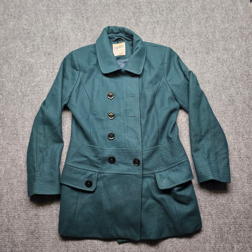 Esprit Womens Teal Green Wool Blend Double Breasted Pea Coat Jacket Size Large
